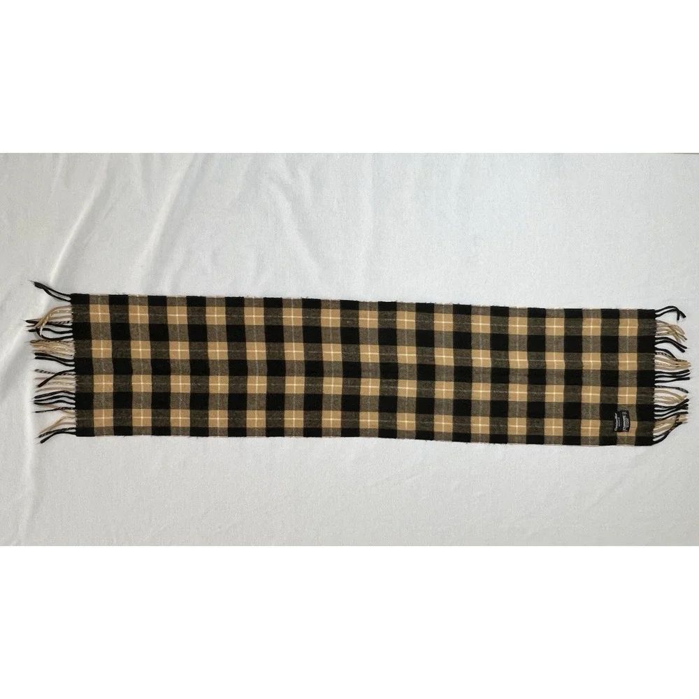Christian Dior Monsieur Black Camel Plaid Cashmaire 100% Acrylic Scarf Fringe